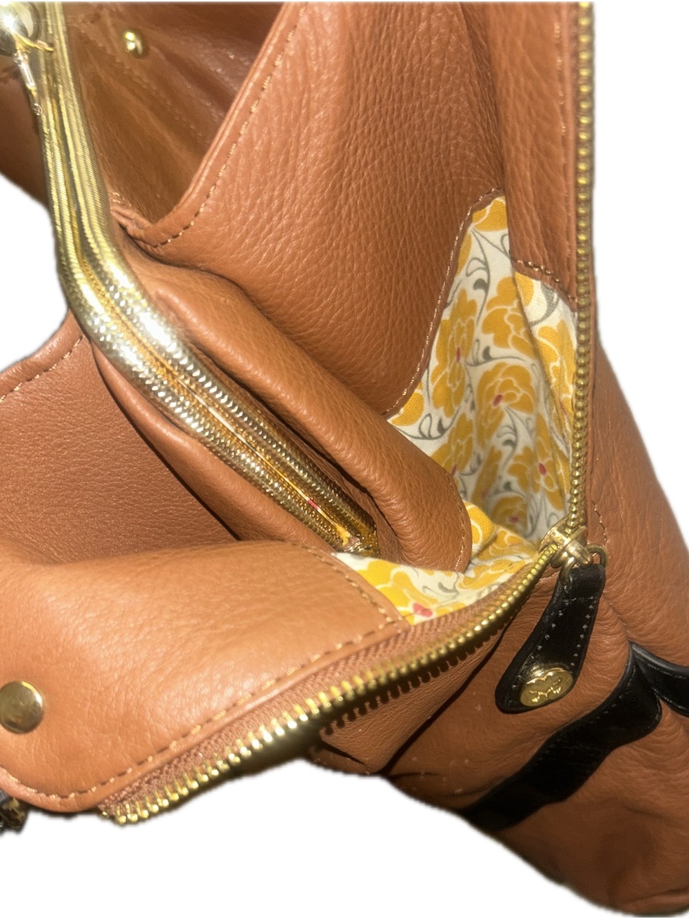 Emma Fox Large Cognac Pebbled Leather Hobo Shoulder Bag Black Trim Gold Hardware - Picture 10 of 13